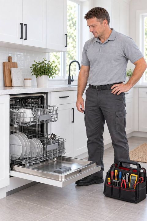 Bohicket Appliance Repair technician inspecting an open dishwasher