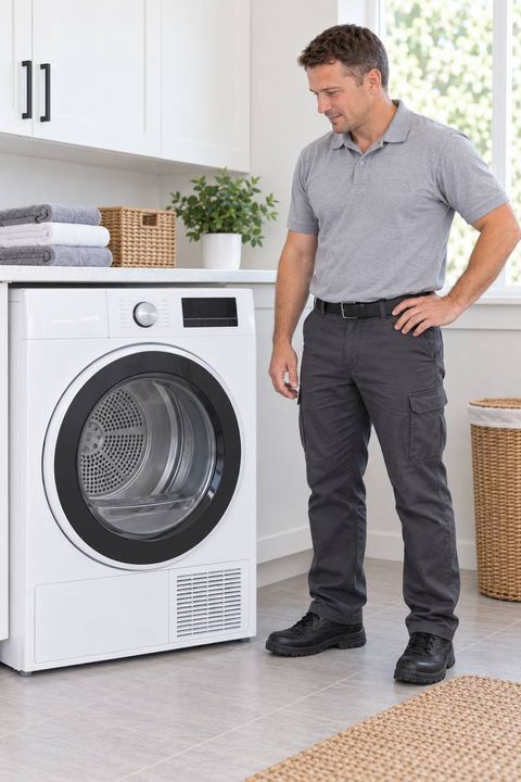 Bohicket Appliance Repair technician checking a dryer in a Johns Island laundry room