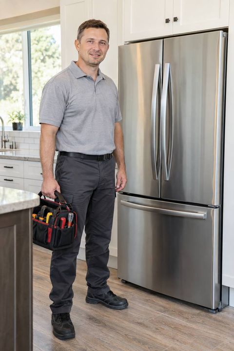 Bohicket Appliance Repair technician beside a stainless French-door refrigerator