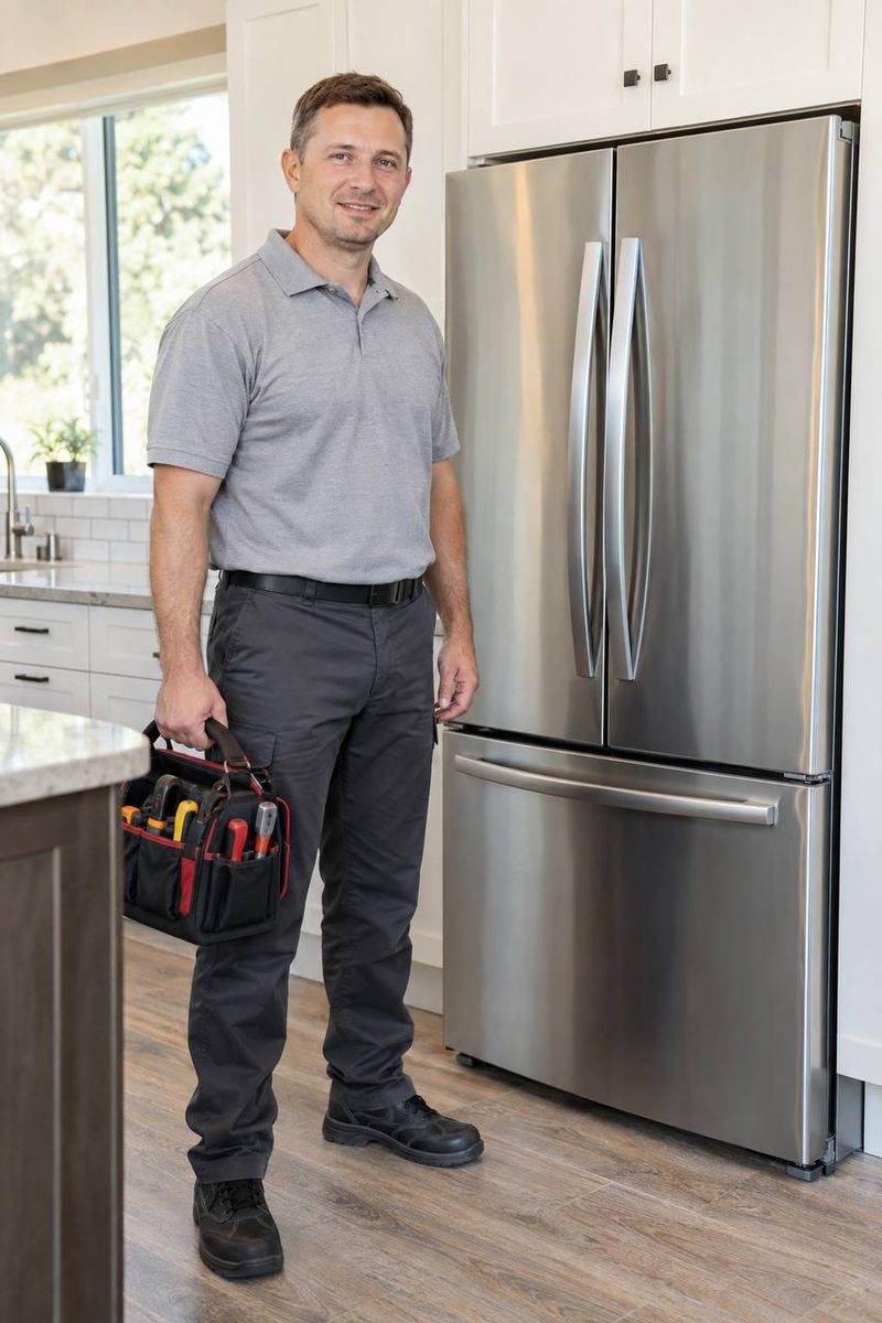 Bohicket Appliance Repair technician beside a stainless French-door refrigerator