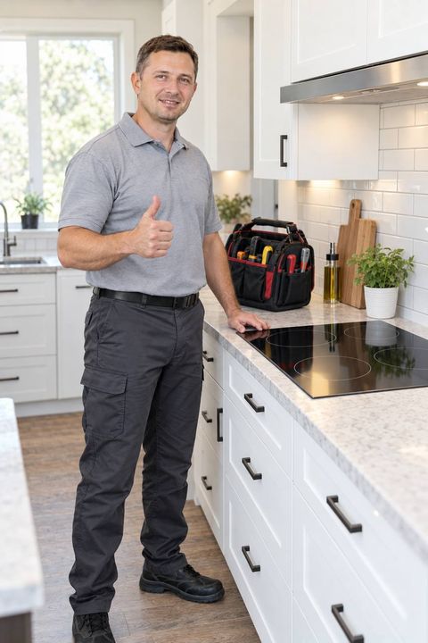 Bohicket Appliance Repair technician at an electric cooktop in a Sea Island kitchen