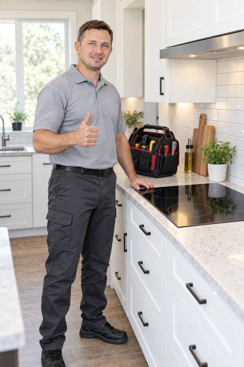 Bohicket Appliance Repair technician at an electric cooktop in a Sea Island kitchen